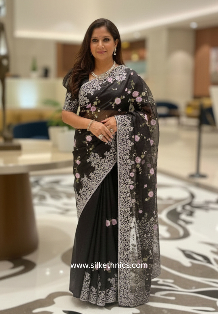 Black Embroidered Organza Silk Cutwork saree