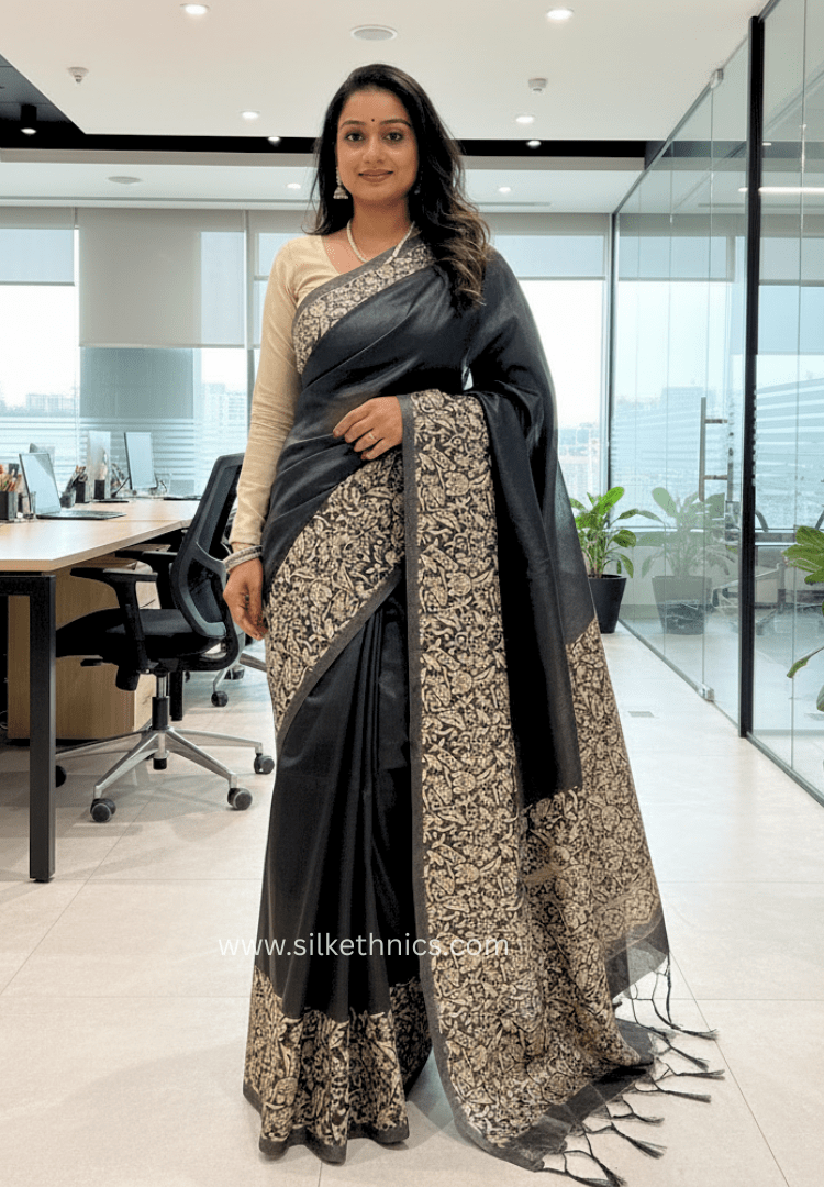 Black handloom tussar silk saree