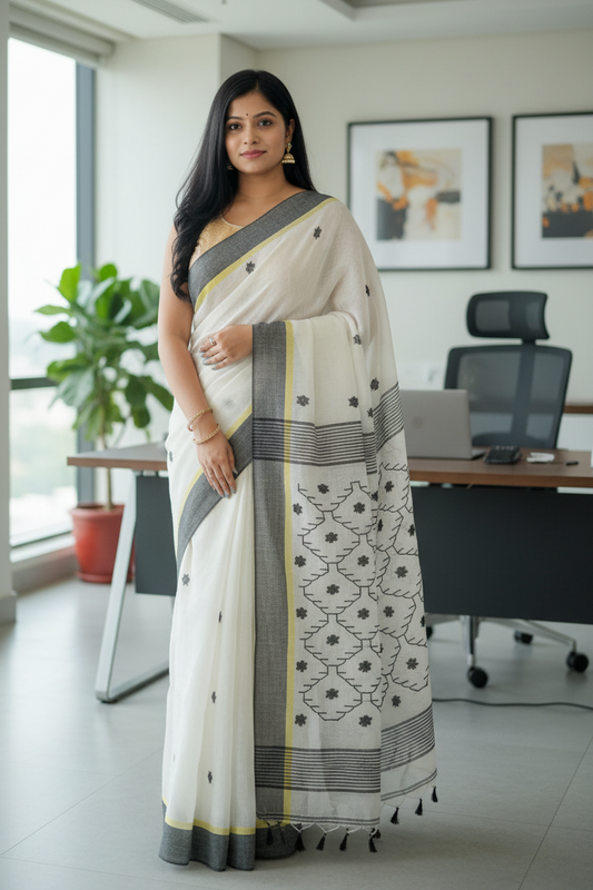 Pearl White Aakriti Pure Handloom Linen saree