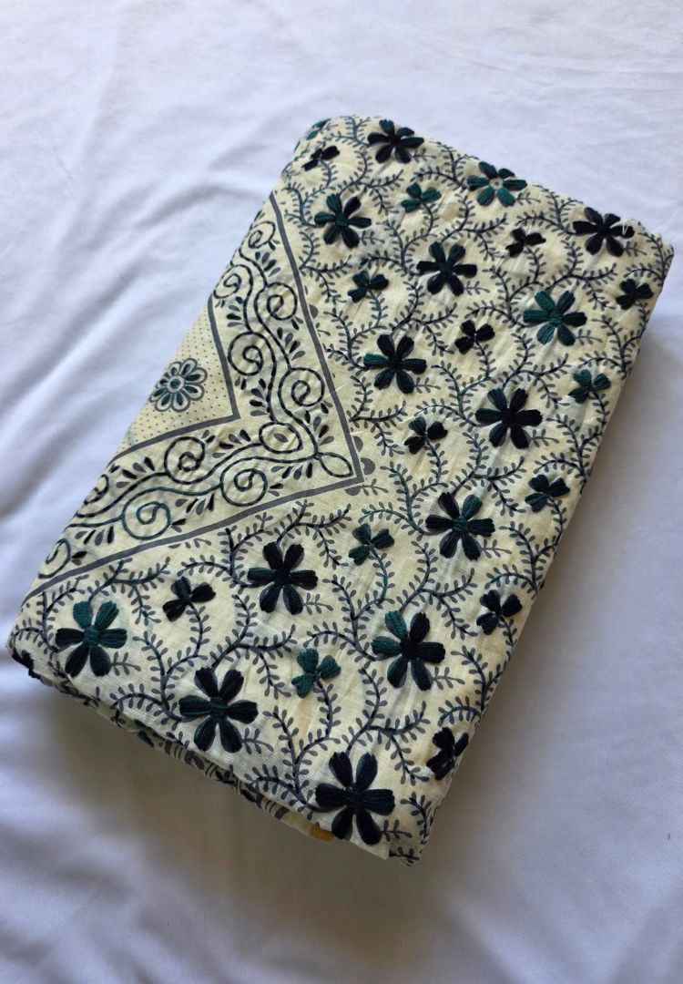 Folded Ivory and Black Gulbahar hand embroidered Chanderi silk-cotton saree