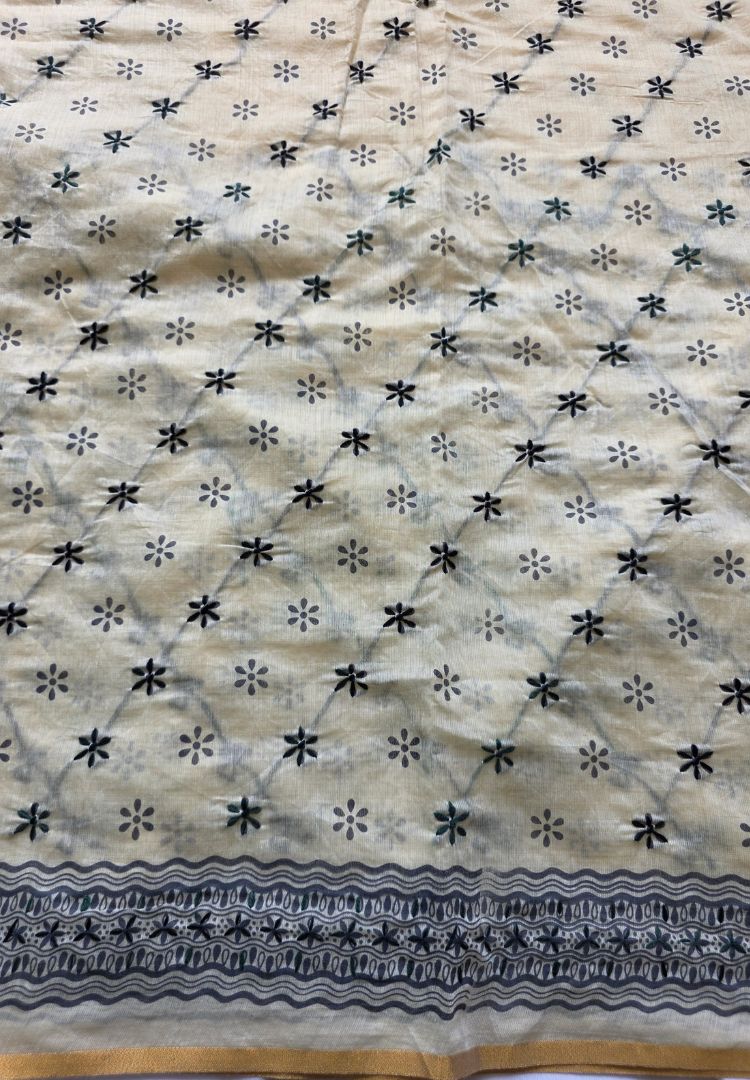 Black hand embroidered motifs on ivory Chanderi silk-cotton, Gulbahar collection