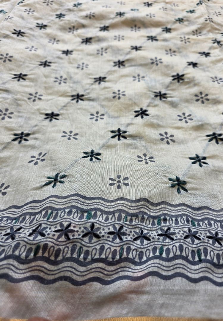 Embroidered black border on the Ivory and Black Gulbahar Chanderi saree