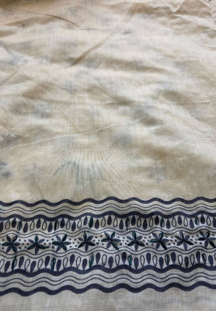 Border and body detail of the Ivory and Black Gulbahar hand embroidered Chanderi saree