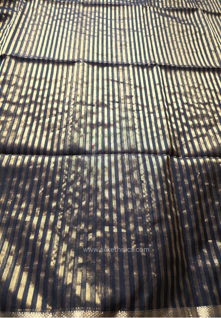 Rich Black and Gold striped Maheswari handloom silk saree