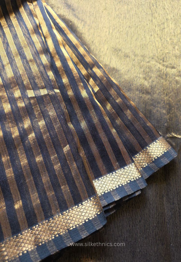 Rich Black and Gold striped Maheswari handloom silk saree