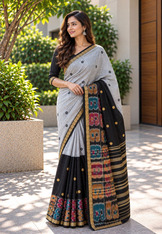 Woman wearing a silver grey and black Ikkat Dhaniakhali handloom cotton saree with colourful pallu - Silk Ethnics