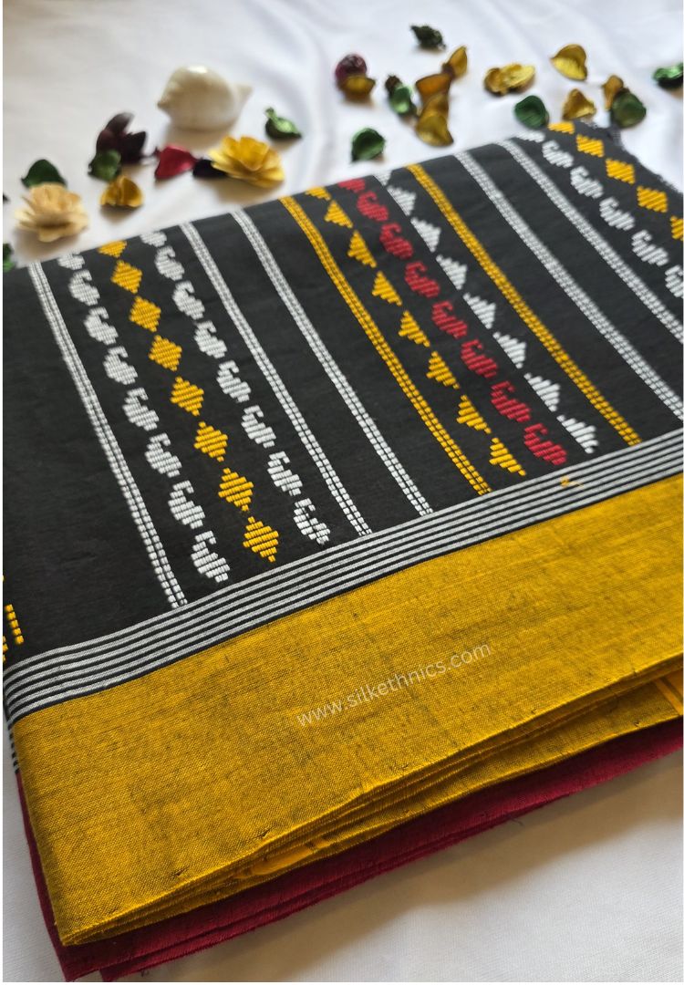 Black and mustard Dhaniakhali Handloom Ikkat Cotton saree