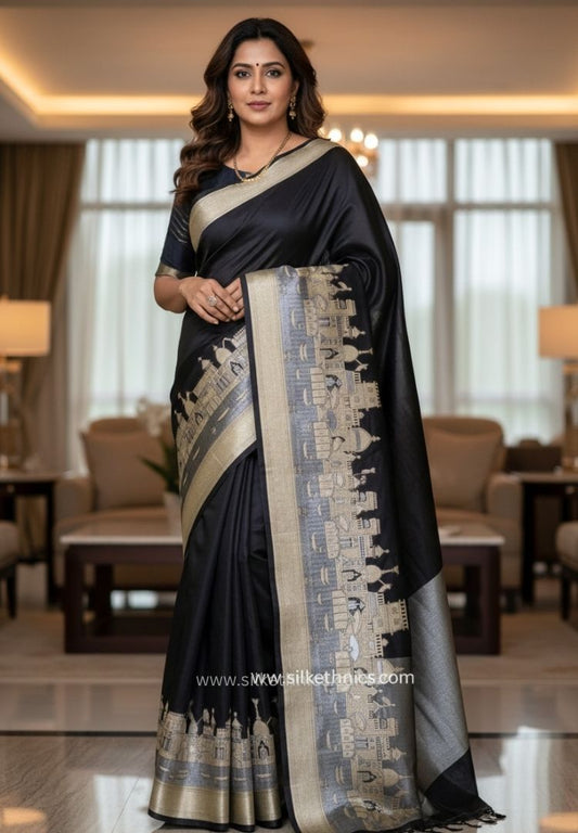 Majestic black Gangaghat Banarasi saree
