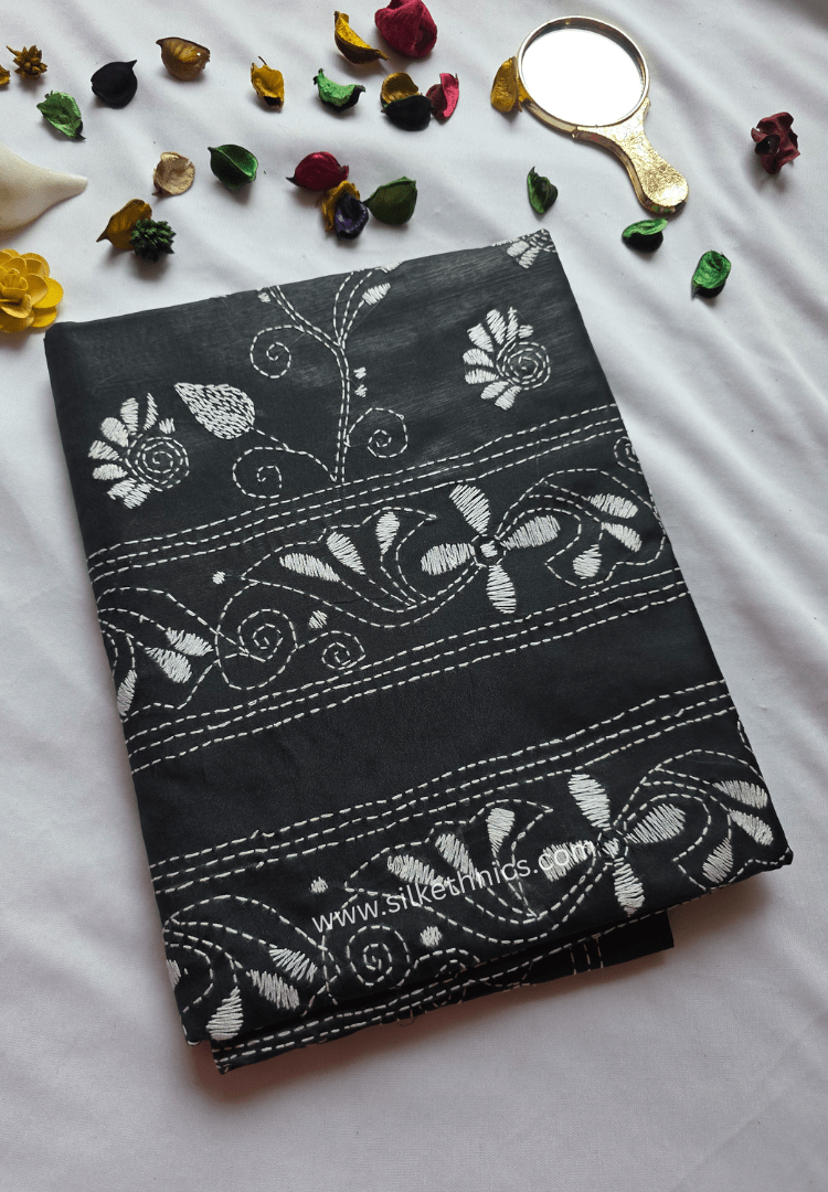 Timeless Black Kantha Hand Embroidered silk saree