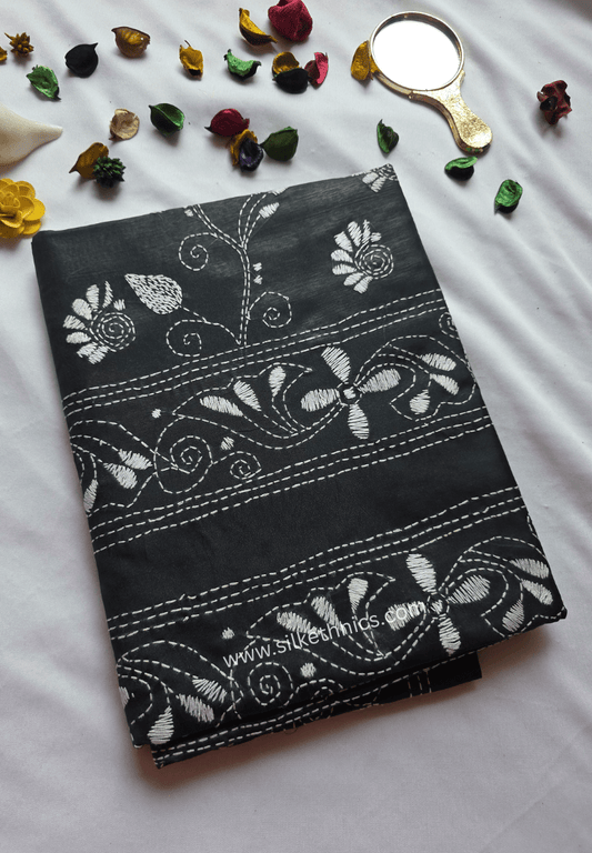 Timeless Black Kantha Hand Embroidered silk saree