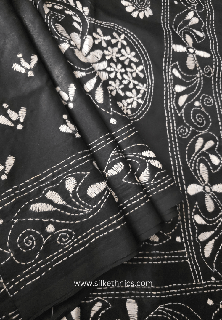 Timeless Black Kantha Hand Embroidered silk saree