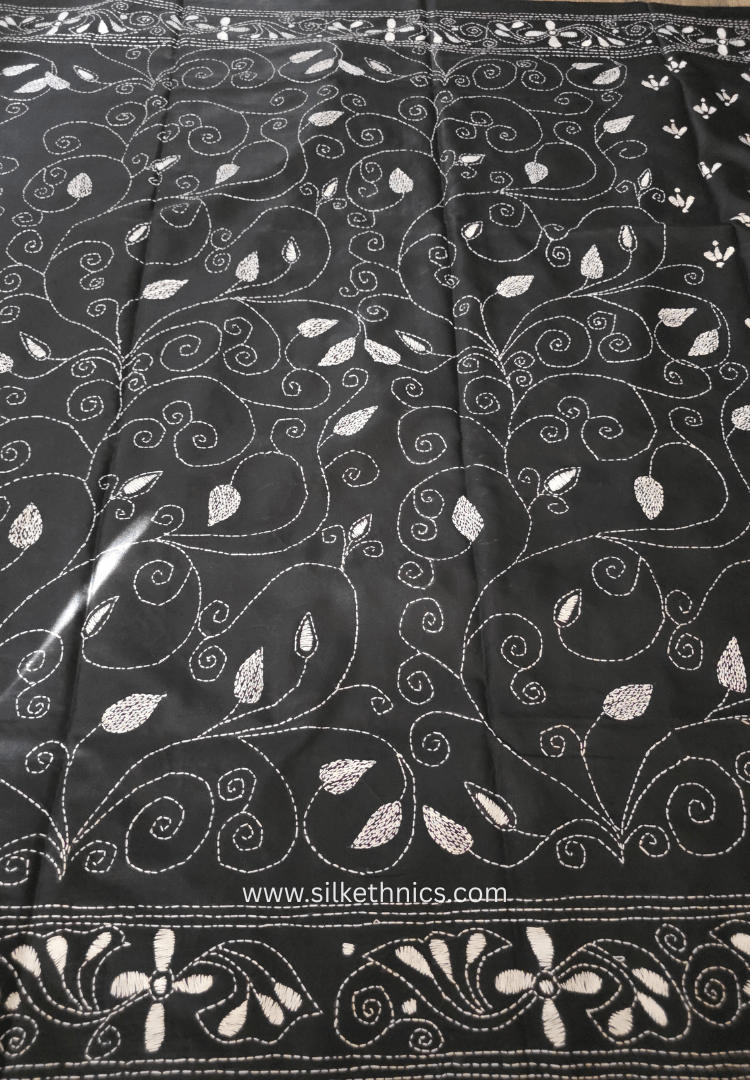 Timeless Black Kantha Hand Embroidered silk saree