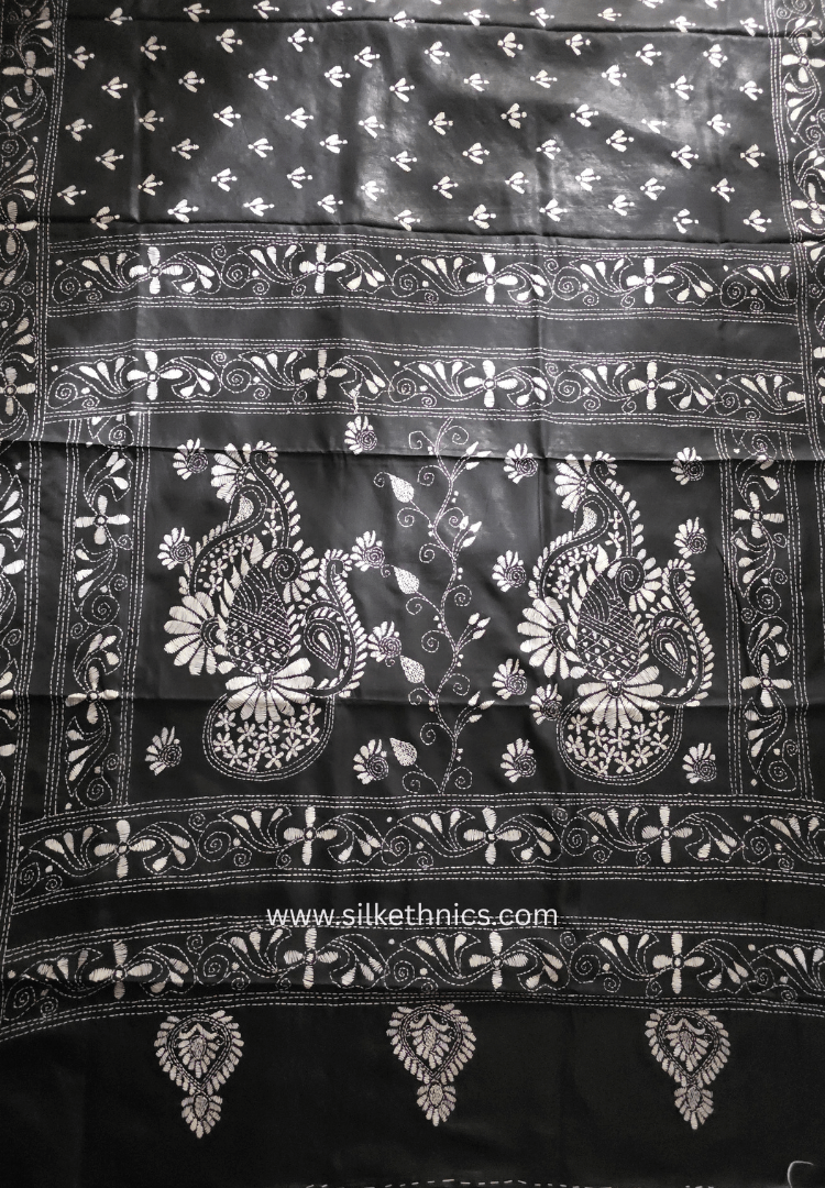 Timeless Black Kantha Hand Embroidered silk saree