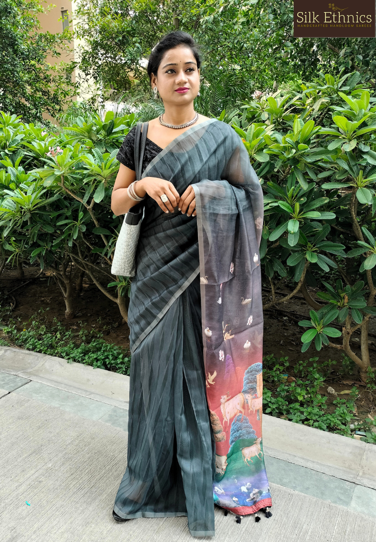 RIch Black blended linen Kalamkari saree