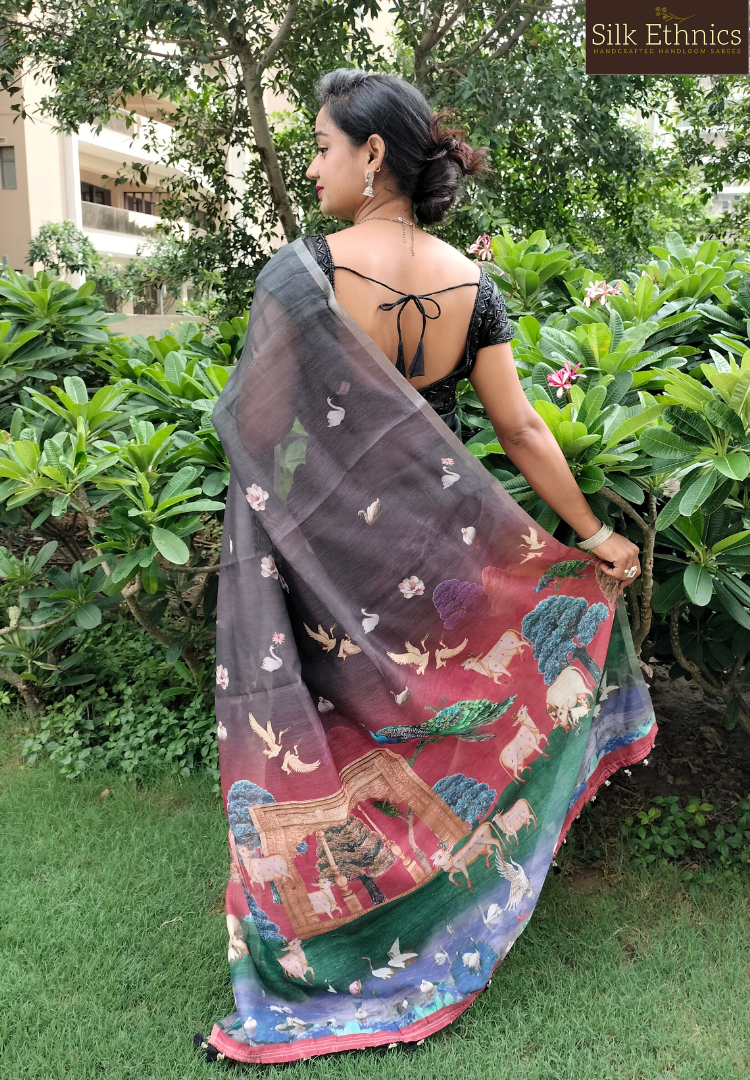 RIch Black blended linen Kalamkari saree