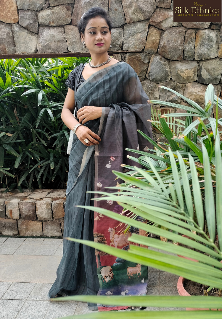 RIch Black blended linen Kalamkari saree