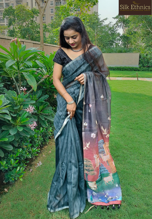 RIch Black blended linen Kalamkari saree