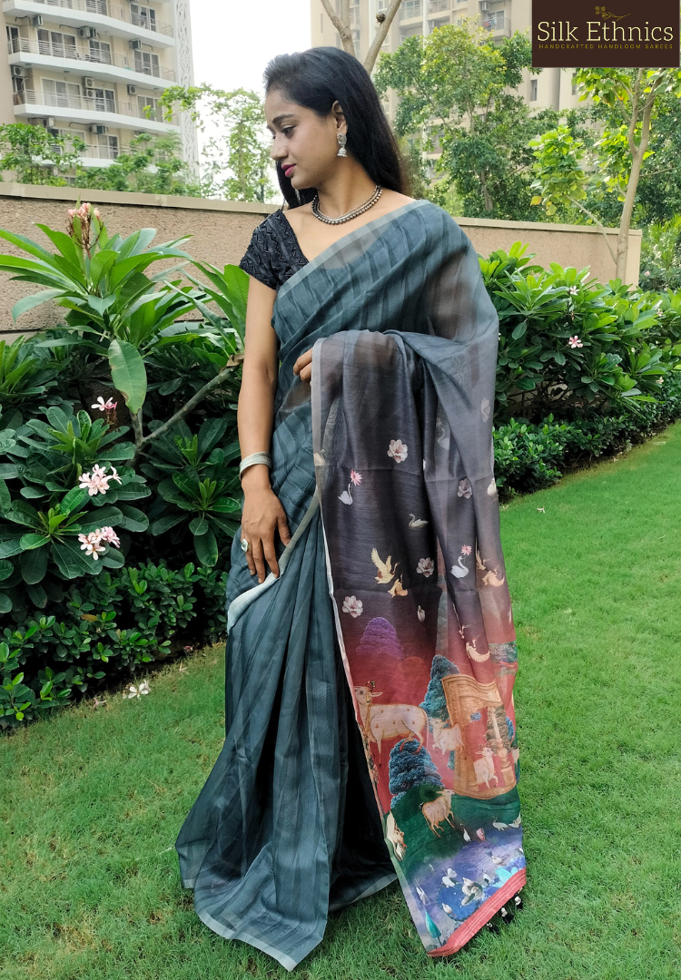 RIch Black blended linen Kalamkari saree