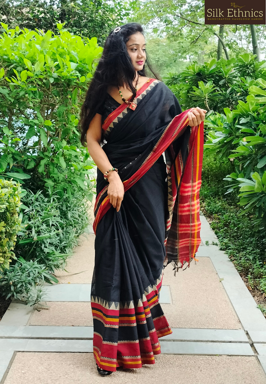 Deep black and red Narayanpet saree