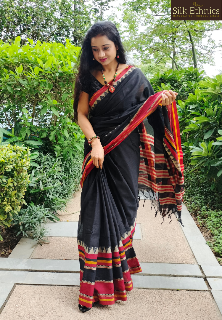 Deep black and red Narayanpet saree