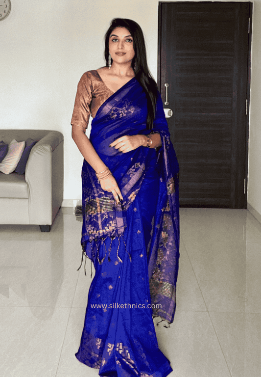 Royal Blue Mul cotton Rangreet zari border saree