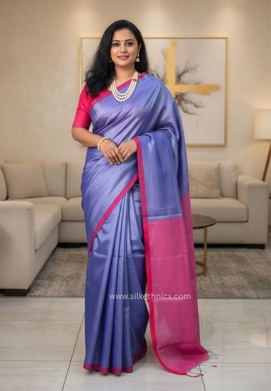 Royal Blue and Pink Raaga handloom tissue saree - Induneela