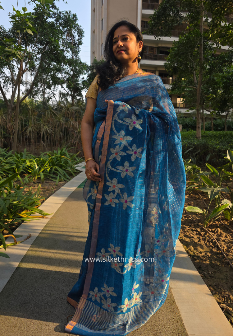Royal blue pure linen handloom Aalia saree