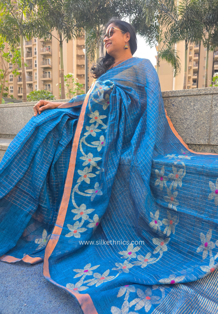 Royal blue pure linen handloom Aalia saree