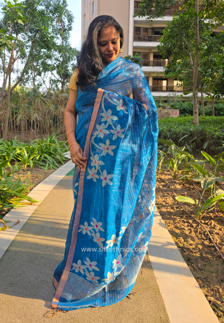 Royal blue pure linen handloom Aalia saree