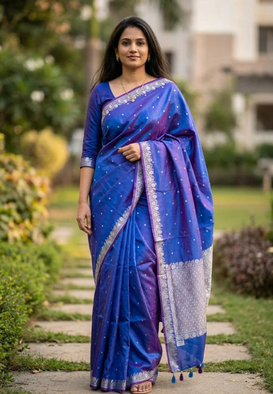 Dual tone Blue pure Banarasi Katan silk saree (Silk Mark)