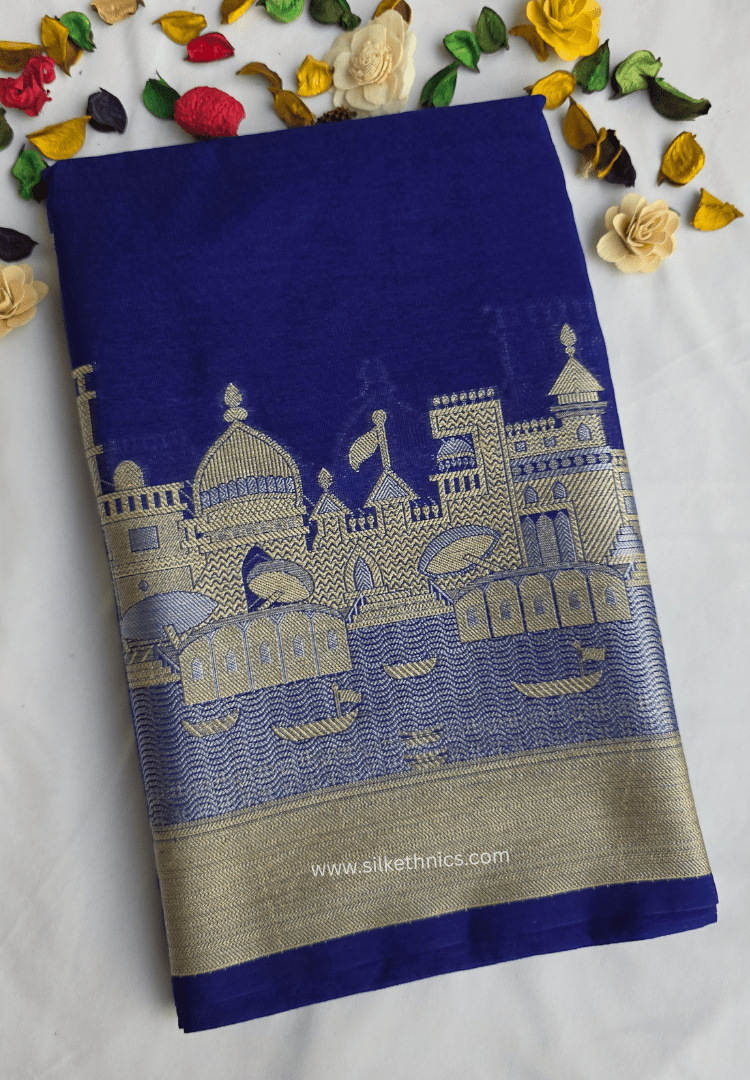 Sapphire Blue Ganga Ghat Banarasi silk saree