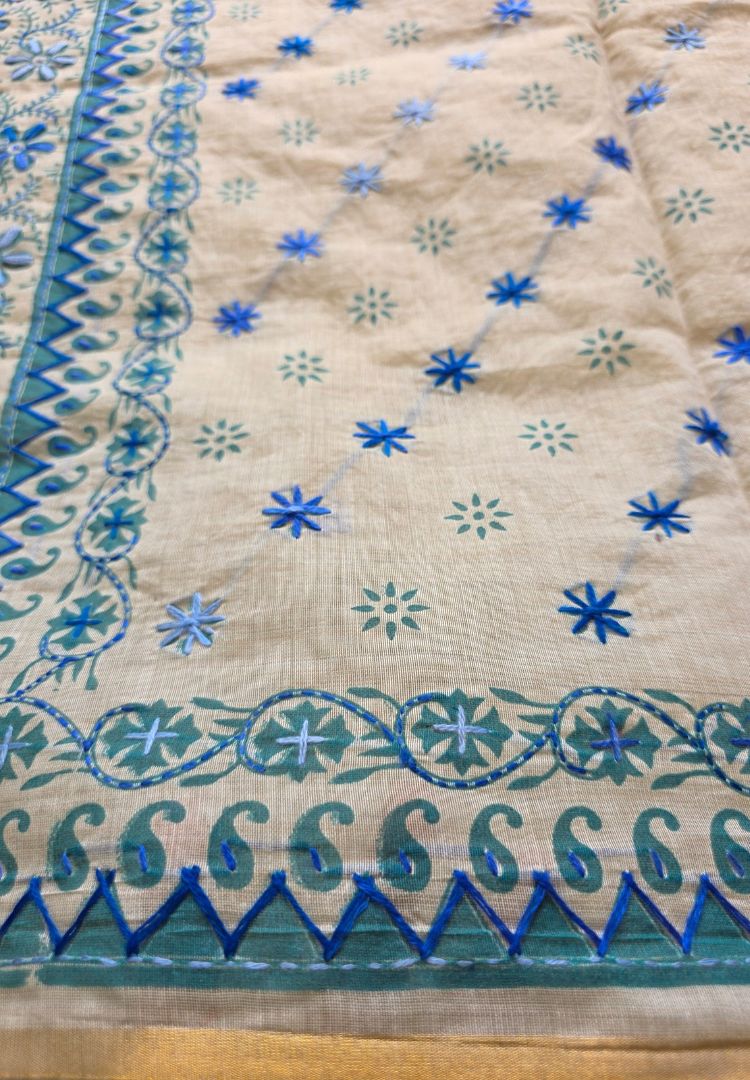 Hand embroidered teal blue border on ivory Chanderi silk-cotton, Gulbahar collection