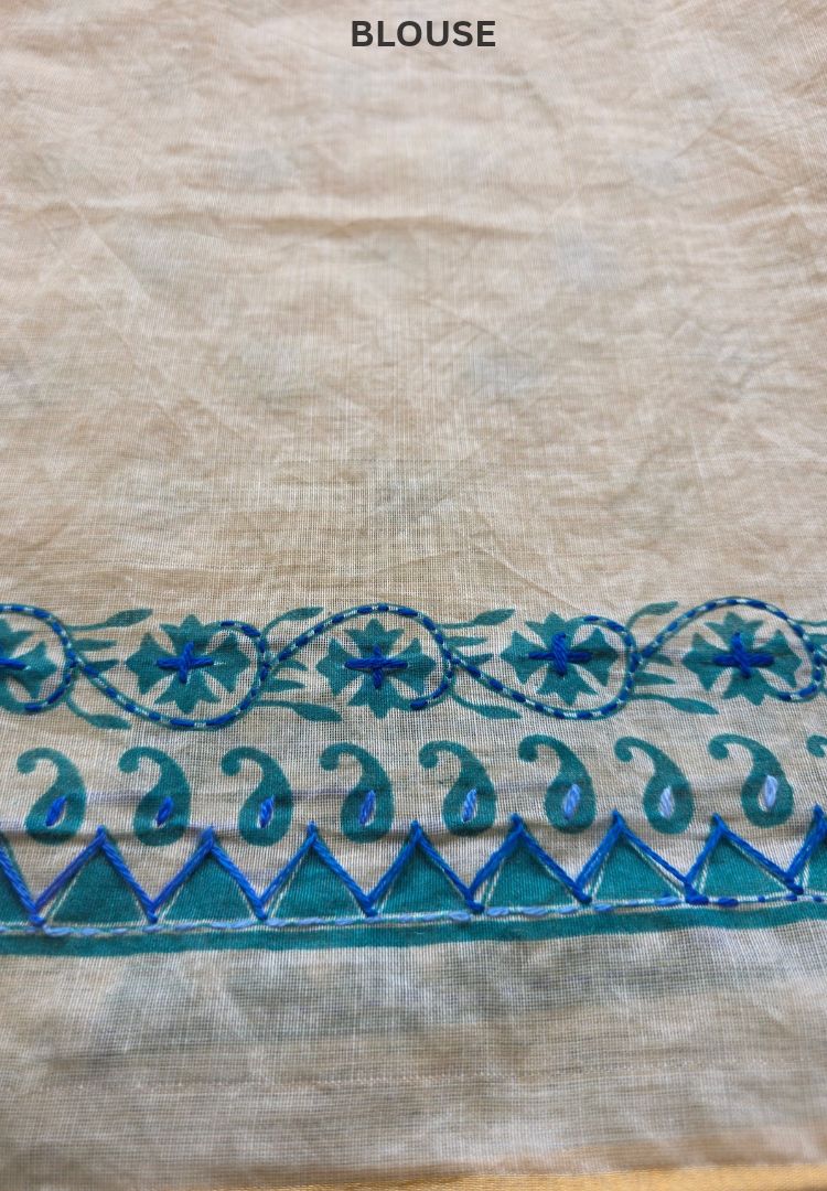 Embroidered border detail of the Ivory and Teal Blue Gulbahar Chanderi saree for pooja and Diwali
