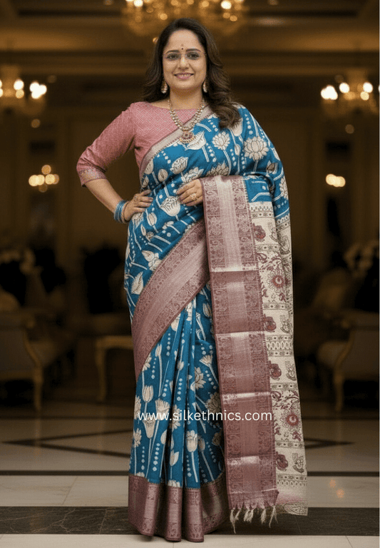 Kanchi border Sky Blue Kalamkari block print Silk saree