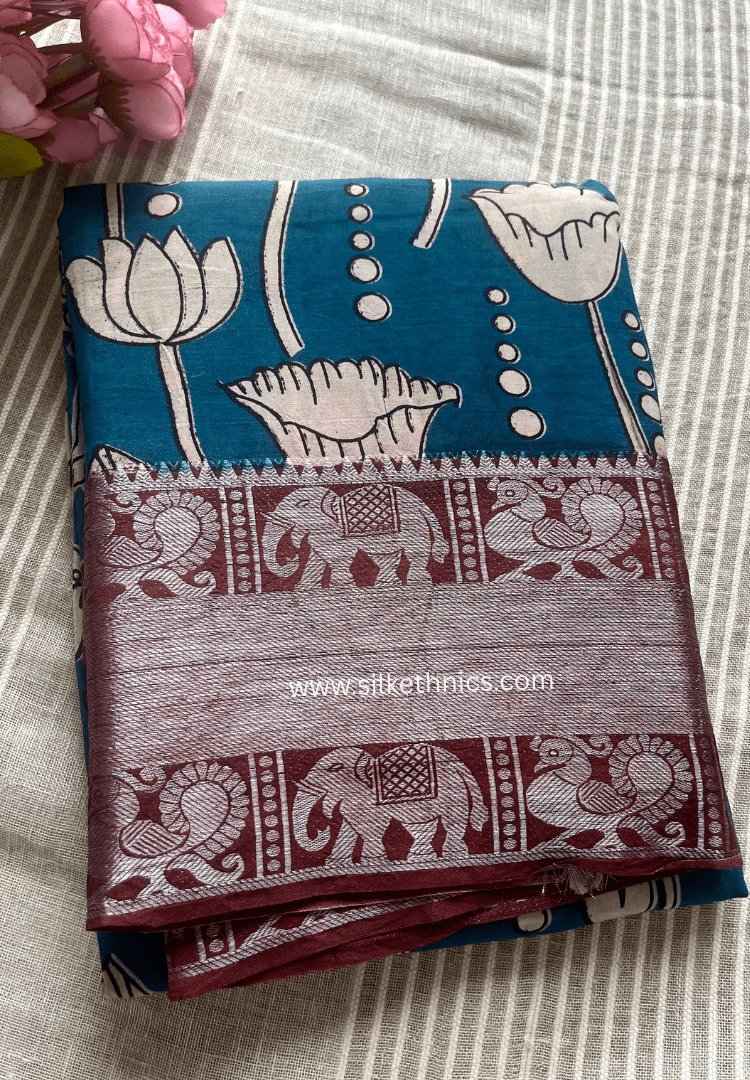 Kanchi border Sky Blue Kalamkari block print Silk saree