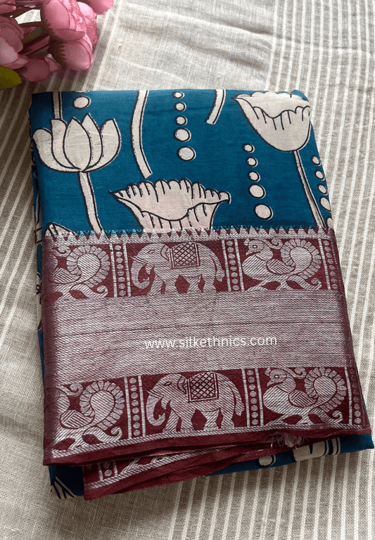 Kanchi border Sky Blue Kalamkari block print Silk saree