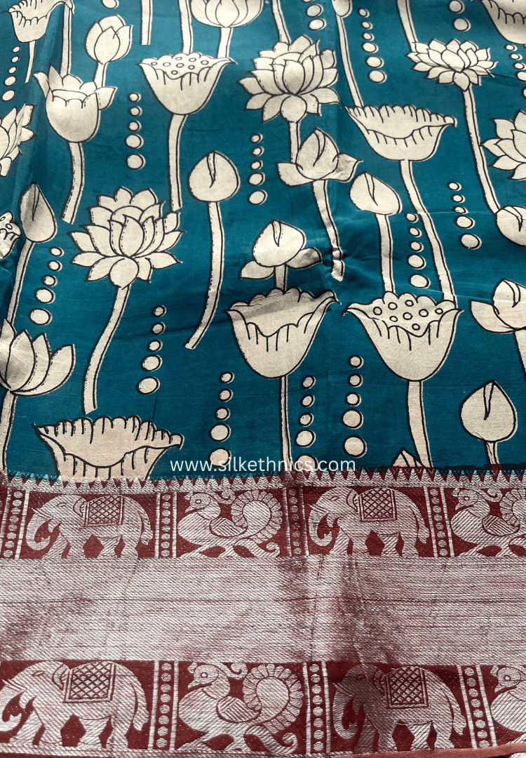 Kanchi border Sky Blue Kalamkari block print Silk saree