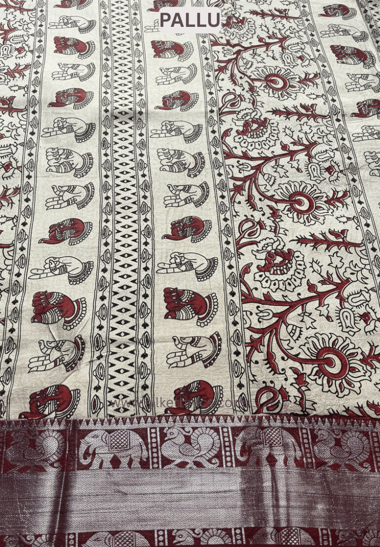 Kanchi border Sky Blue Kalamkari block print Silk saree
