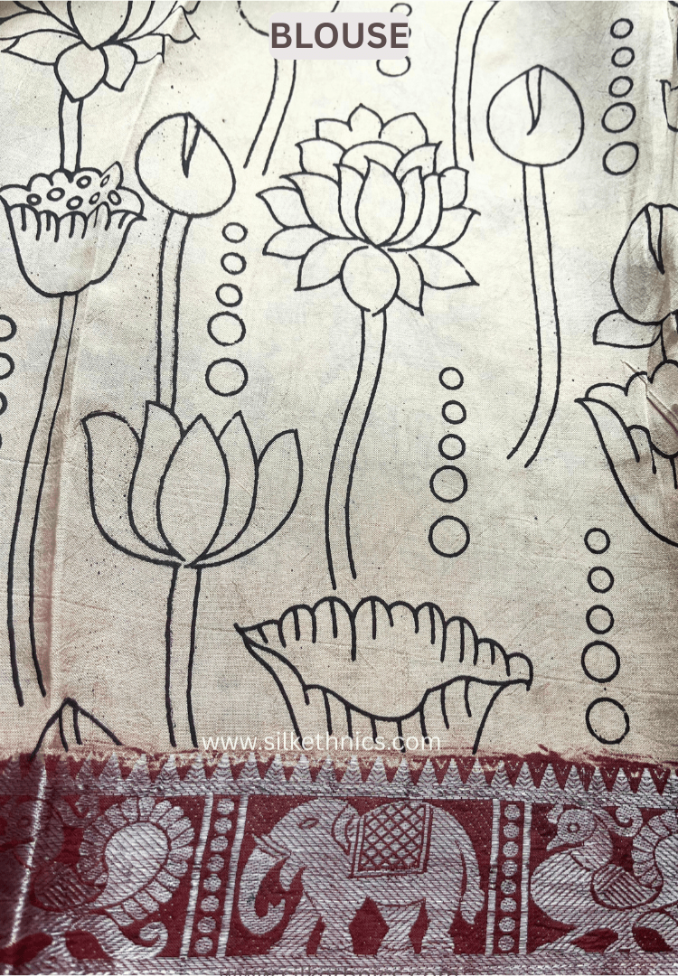 Kanchi border Sky Blue Kalamkari block print Silk saree