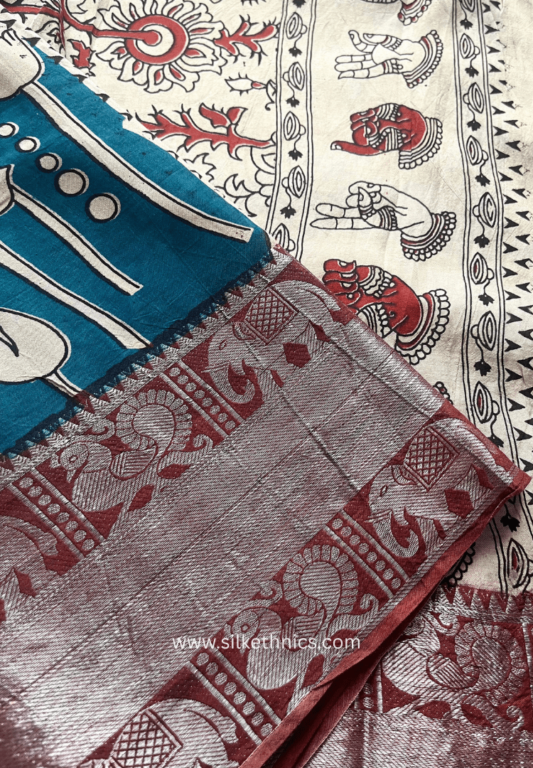 Kanchi border Sky Blue Kalamkari block print Silk saree