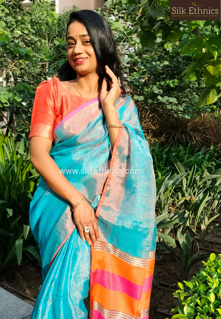 Metallic blue tissue linen saree