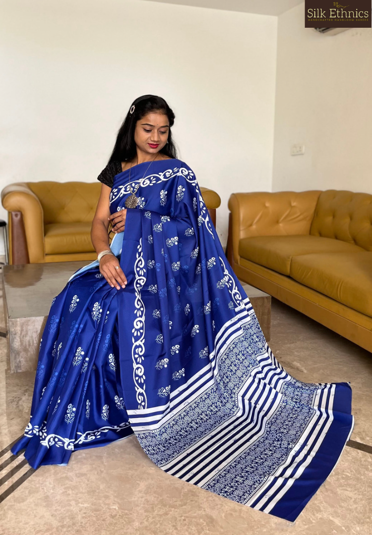 Indigo blue soft  Mashru silk  saree