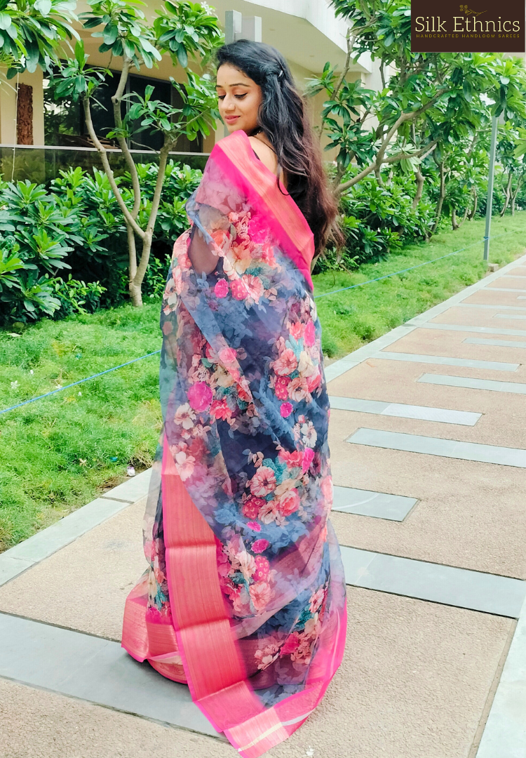 Navy blue and pink floral printed organza saree