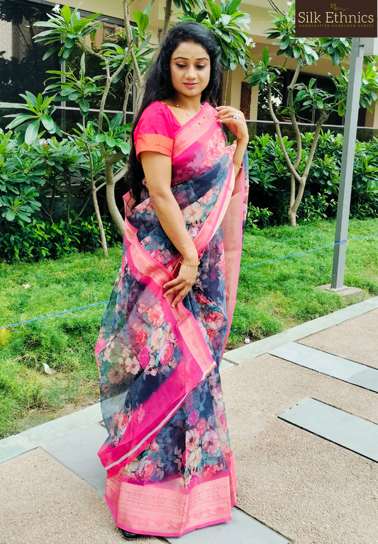 Navy blue and pink floral printed organza saree