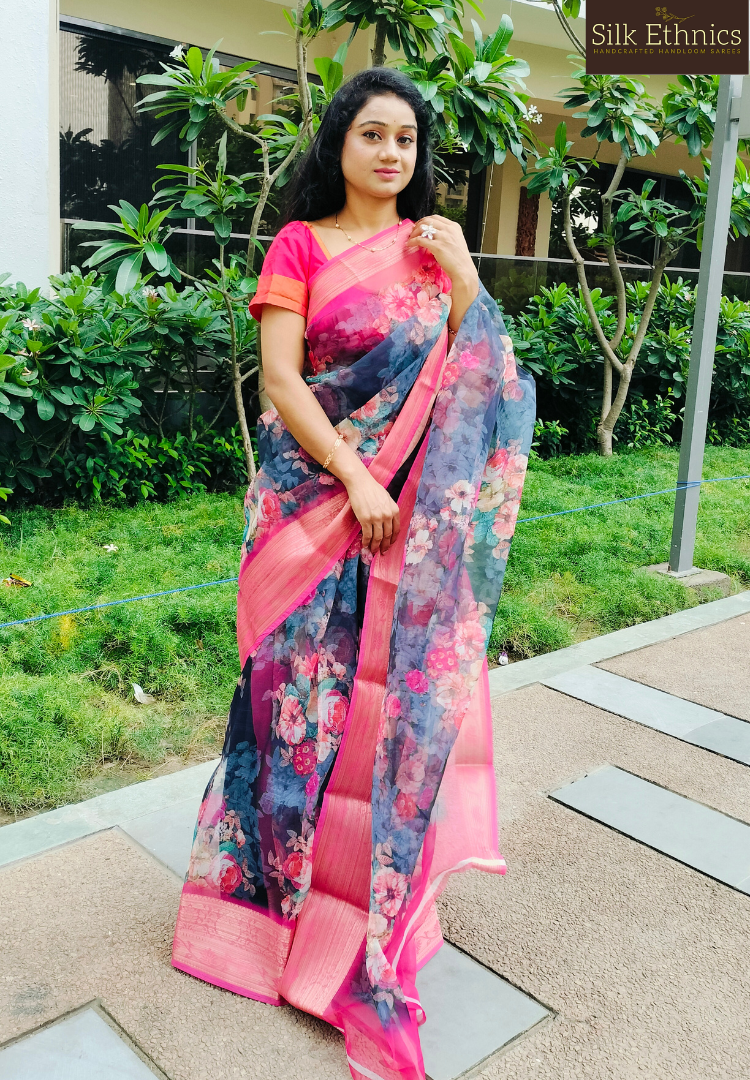 Navy blue and pink floral printed organza saree