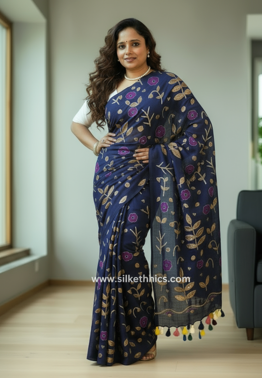 Navy blue embroidered Rangreet saree