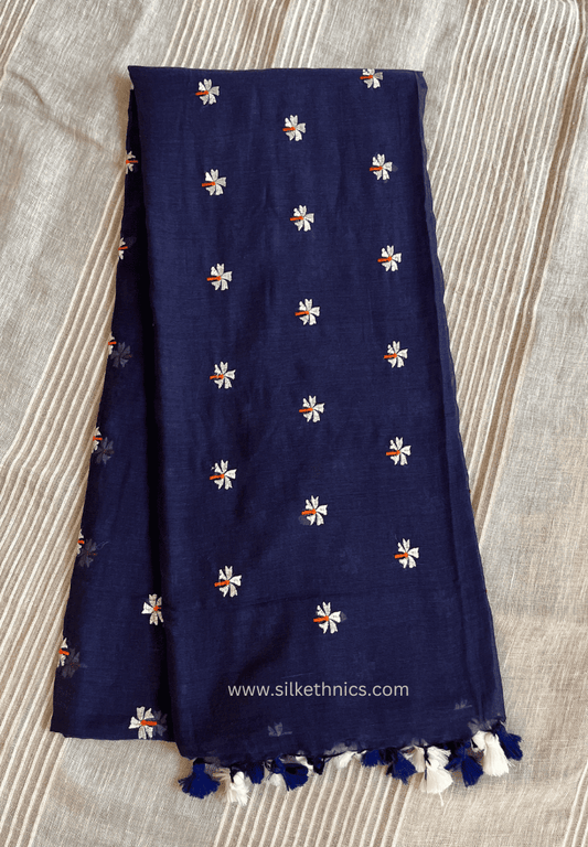 Navy Blue mul cotton embroidered Rangreet saree