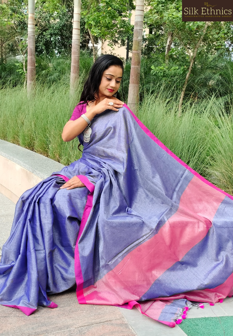 Sapphire blue siver zari tissue khadi silk saree