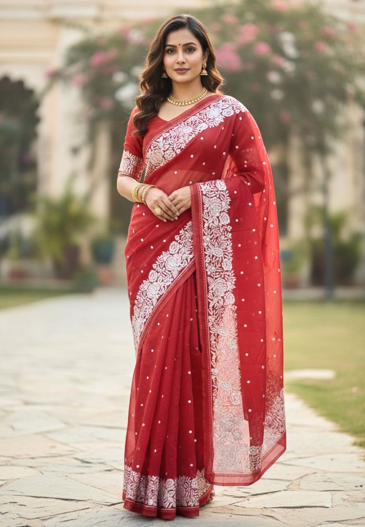 Brick Red Banarasi organza embroidered saree