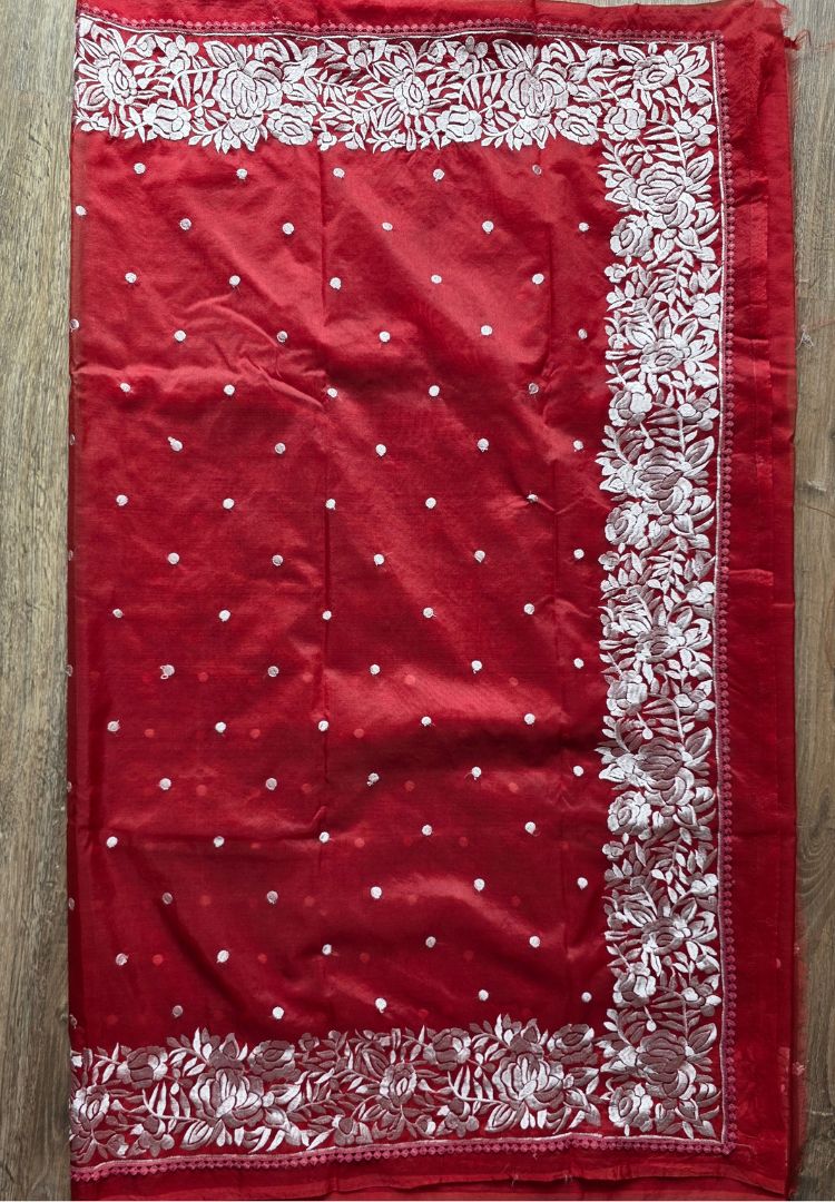 Brick Red Banarasi organza embroidered saree
